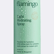 Close up of the Flamingo Light Hydrating Spray can with water condensed on the outside so it appears as if it had been in the shower