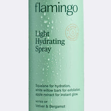 Close up of Flamingo Light Hydrating Spray can with water condensed on it as if it had been in the shower
